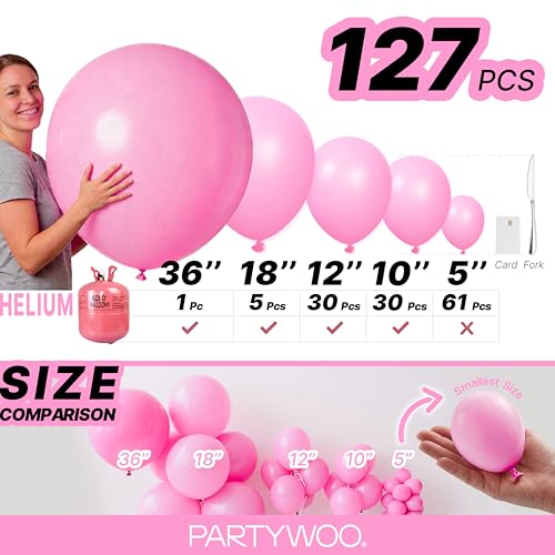 PartyWoo Pink Balloons 127pcs Matte Pink Balloons Different Sizes | 36 18 12 10 5 Inch for Baby Shower Valentine's Day Princess Bachelorette Birthday Valentine's Party Decorations Pink-Y11