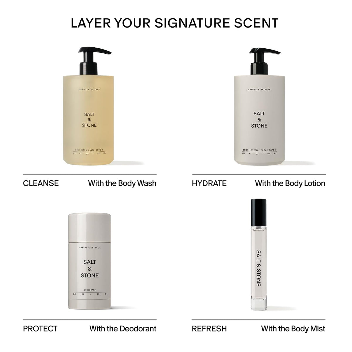Salt & Stone Body Mist Discovery Set, 4 Mini Fragrance Sprays, 0.34 oz Each | Lightweight Mist, Mini Sampler Set for Gifting & Travel, Gender Neutral Fragrance, Glycerin & Red Algae, Vegan, Paraben-Free