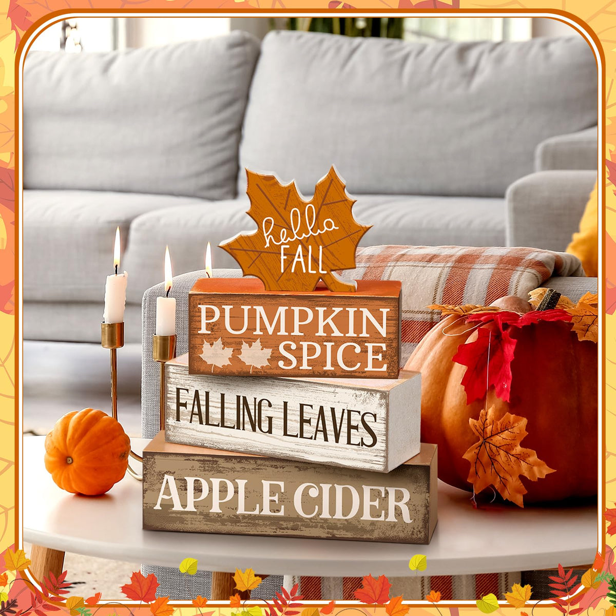 Moucuny 4 Pcs Fall Decor Wooden Maple Leaf Decoration Thanksgiving Decor | Rustic Stackable Blocks with Apple Cider Leaves Sayings,Thanksgiving Table Centerpiece, Farmhouse for Autumn Harvest Party
