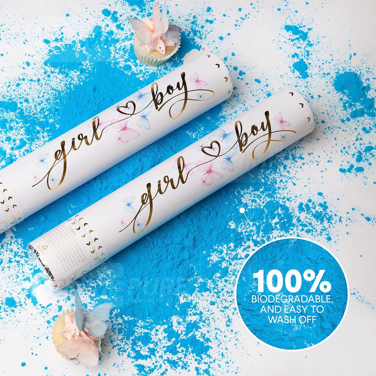 PrimePure Gender Reveal Confetti Cannon, Biodegradable Blue Powder, 2 Pack | Biodegradable Powder Cannon Smoke Bombs, Ideal for Outdoor or Indoor Baby Boy Gender Reveal Party & It's a Boy Baby Shower