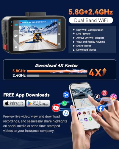 4K+4K Dual Dash Cam Front and Rear, Free 128GB Card, Starlight Night Vision | Dual-Channel Recording, 5.8GHz WiFi, 20MB/s Download Speed, GPS, 3" IPS Screen, Collision Sensor, 24H Parking Mode