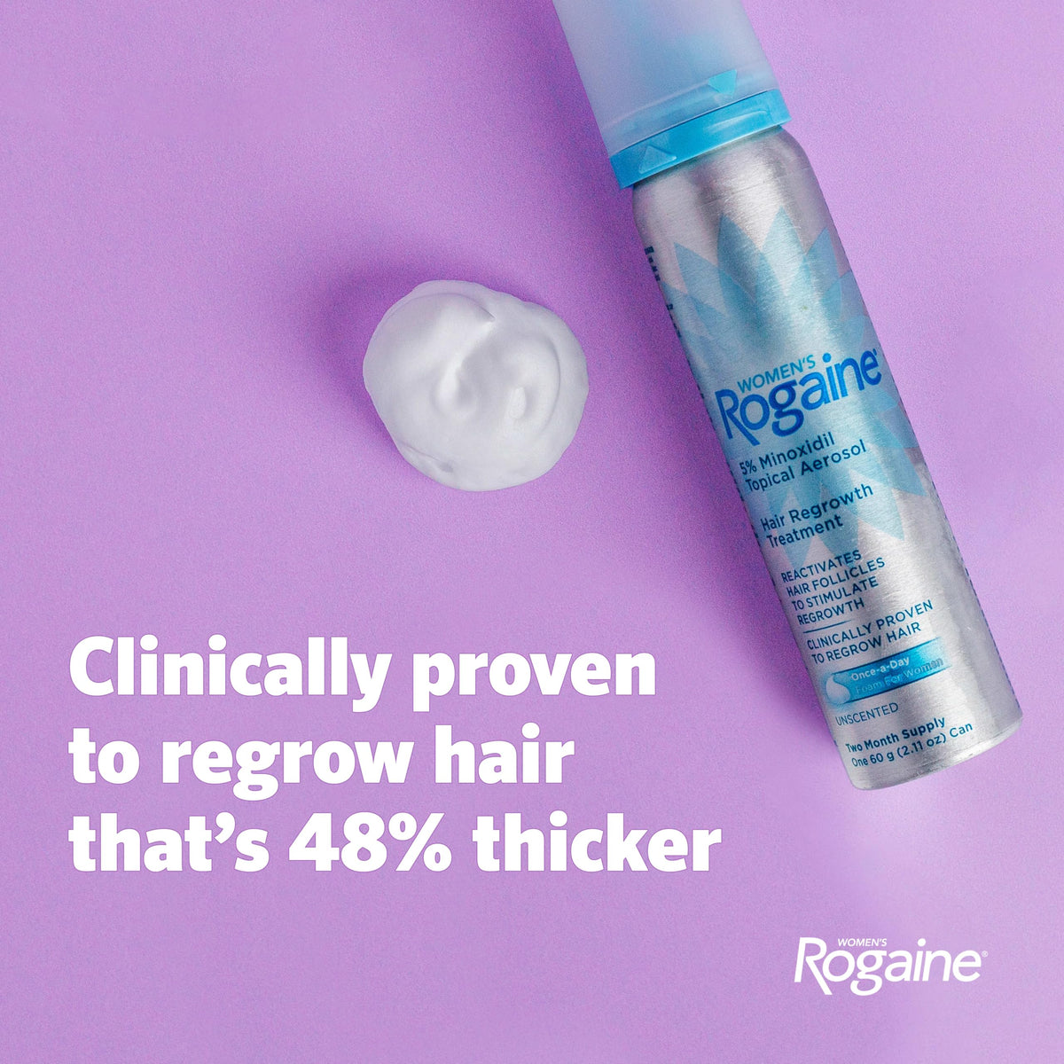 Women's Rogaine 5% Minoxidil Topical Foam, Unscented, 2 x 2.11 oz | Once-a-Day Hair Loss Treatment for Women, Regrow Fuller, Thicker Hair, Unscented, 4-Month Supply