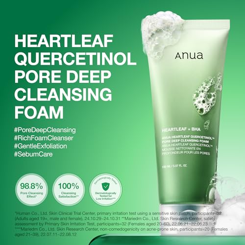 Anua Heartleaf Quercetinol Pore Deep Cleansing Foam, 5.07 fl.oz | Face wash for Pore Refining Cleanser, Hydrating Daily Cleanser for Double Cleansing, Gentle Foaming with BHA, Korean Skincare