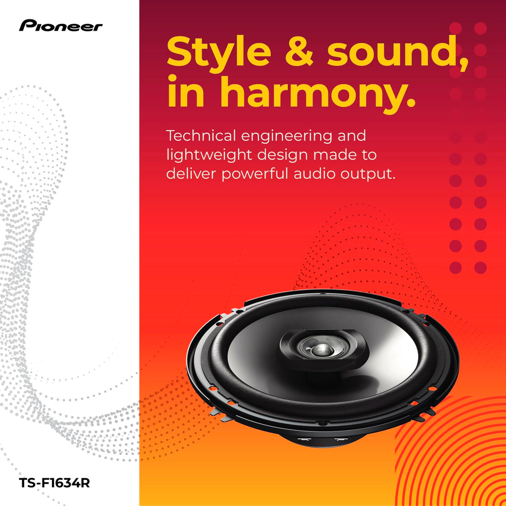 Pioneer F-Series TS-F1634R 6.5" 2-Way Coaxial Car Speakers 200W Max | Great Factory Speaker Replacement, Balanced Sound + Smooth Treble, High-Efficiency Speaker Designed for OEM Power