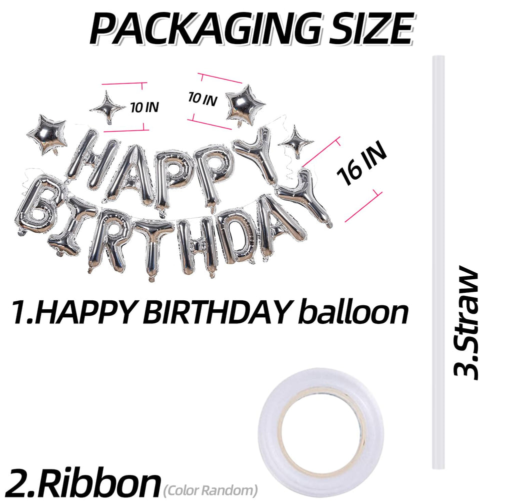 Silver Happy Birthday Balloons Banner Sign Mylar letter Party Decoration | Include Aluminum Foil Four、Five Pointed Star Suitable for Kids, Men, Women, Boys and Girls, Properly Stored and Reusable.