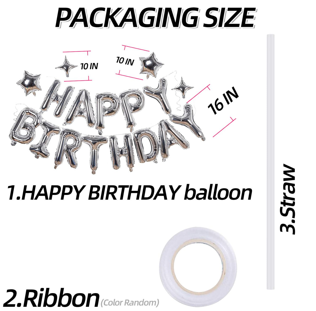 Silver Happy Birthday Balloons Banner Sign Mylar letter Party Decoration | Include Aluminum Foil Four、Five Pointed Star Suitable for Kids, Men, Women, Boys and Girls, Properly Stored and Reusable.