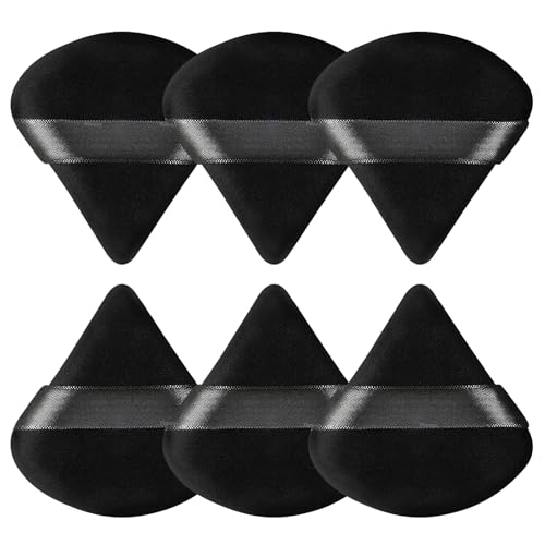 Pimoys Powder Puffs, 6 Pack Triangle Makeup Puff, Black | Soft Velour, Triangle and Round Design, Washable, Finger Strap, for Loose Powder
