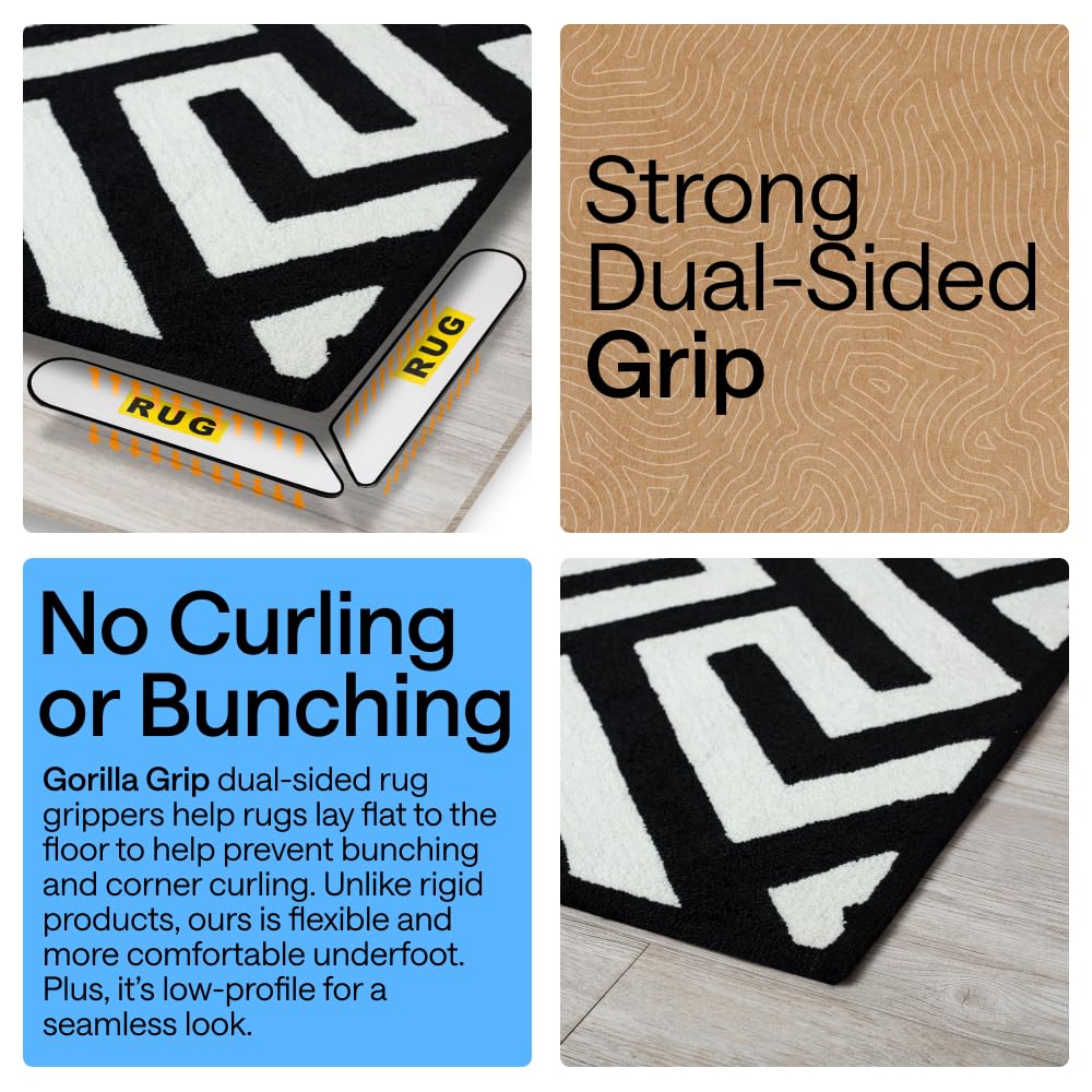 GORILLA GRIP® Extra Long Rug Grippers for Hardwood Floor, Reusable, Black | Dual-Sided Adhesives Pads Keep Area Rugs Corners Flat, Holds Down Carpet on Hard Wood, Tile Floors, Renter Friendly, 8 Pack