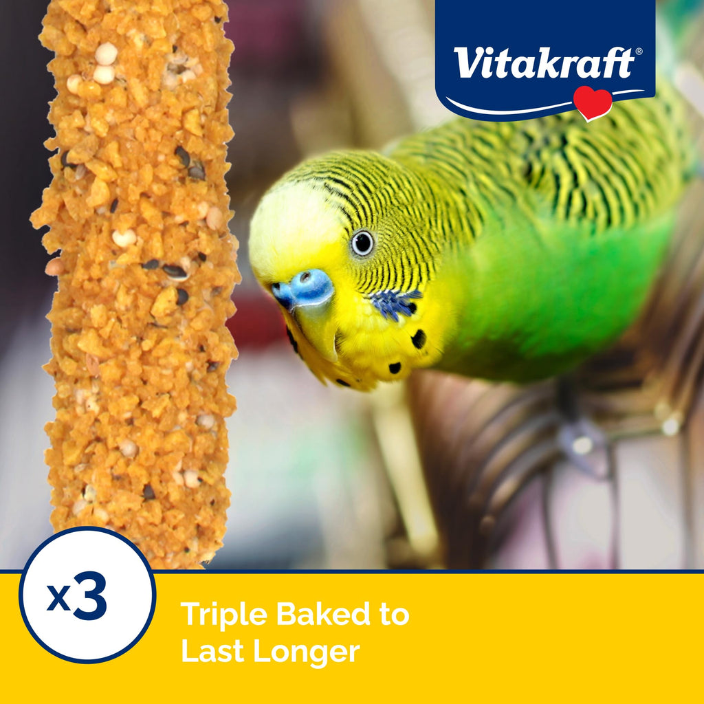 Vitakraft Crunch Sticks Parakeet Treat Vrty Pk Orange/Egg/Banana-3 Sticks | Variety Flavor Coating, Baked Crispy Mix, Natural Wood Center, Encourages Foraging Chewing, 3 Count Pack