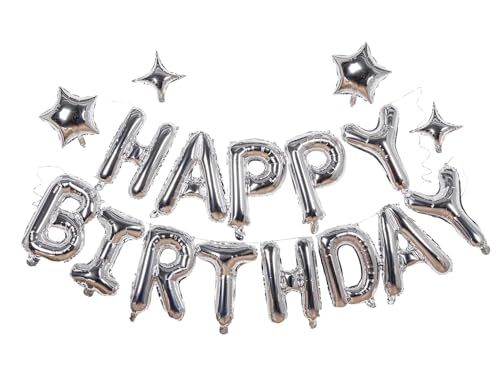 Silver Happy Birthday Balloons Banner Sign Mylar letter Party Decoration | Include Aluminum Foil Four、Five Pointed Star Suitable for Kids, Men, Women, Boys and Girls, Properly Stored and Reusable.