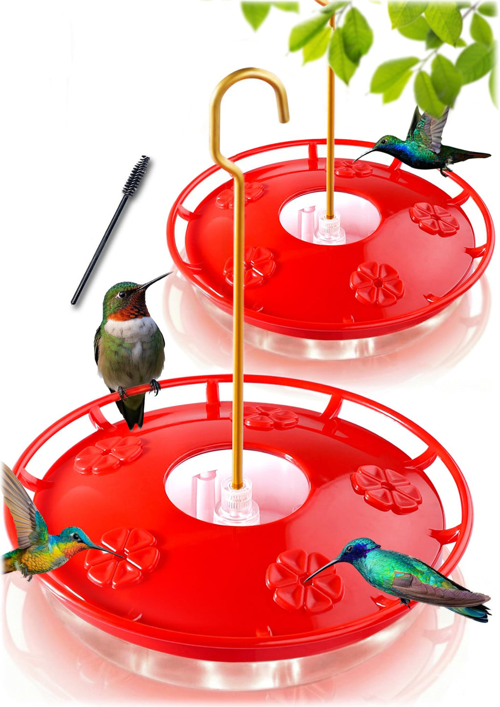 eWonLife 2 Pack 16 oz Saucer Hummingbird Feeders for Outdoors, Garden Decor | Built-in Ant Moat, 5 Bee Proof Feeding Ports, BFA Free Plastic, Easy Clean, Leak-Proof Dish-Style