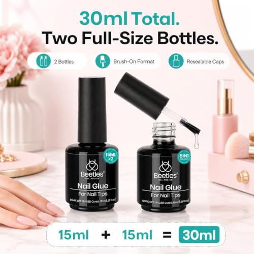 Beetles Gel Polish 2Pcs 15ml Nail Glue Kit for Acrylic Nails | 5 in 1 Super Strong Brush in Nail Gel Glue for False Nails Tips and Gel Nail Polish Led Lamp Required