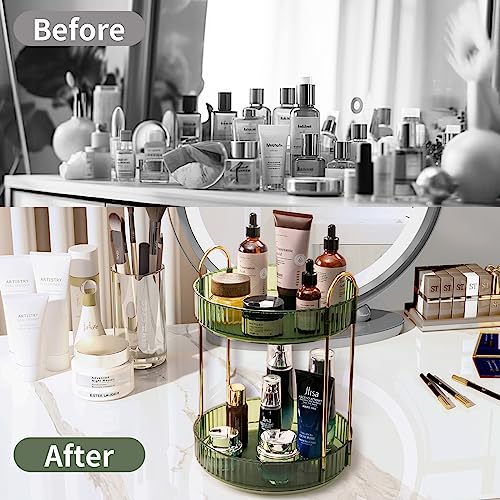 Asayuee 360 Rotating Makeup Organizer for Vanity,2 Tier Large Capacity Skincare Organizers,Bathroom Counter Organizer, Spinning Perfume Organizer & Vanity Organizer (Green-2 Tier)