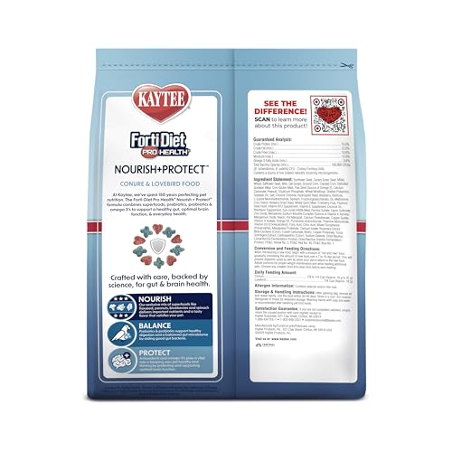 Kaytee Forti-Diet Pro Health Nourish+Protect Conure & Lovebird Food, 4 lb | Balanced digestion. Conure food with prebiotics and probiotics. Parrot food, antioxidants, omega-3s