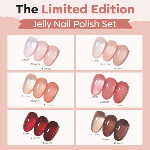 modelones Jelly Nail Polish, 6 Colors Quick Dry Nude Pink Nail Polish Set | Air Dry Nail Polish, No UV Lamp Needed, User-Friendly Red Brown Polish Kit, Nail Art Home Salon, Gift for Women
