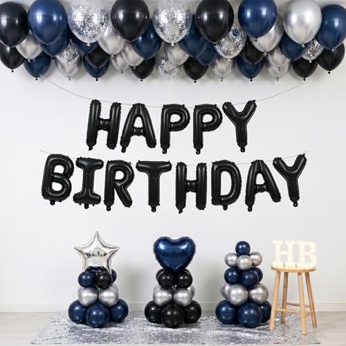 TONIFUL 16 Inch Black Happy Birthday Balloons Banner Decorations for Men | Reusable Foil Letter Birthday Sign Black Birthday Decoration for 16th 30th 50th 60th Boys Adults and Halloween Birthday Party