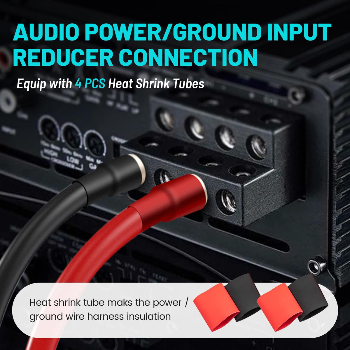 NuIth Amp Input Reducer 0 Gauge to 4 Gauge, 4PCS Car Audio Amplifier Wire Terminal Connectors Brass with Heat Shrink Tubing Allen Key for Amp Input, AWG Pin Power & Ground Connection