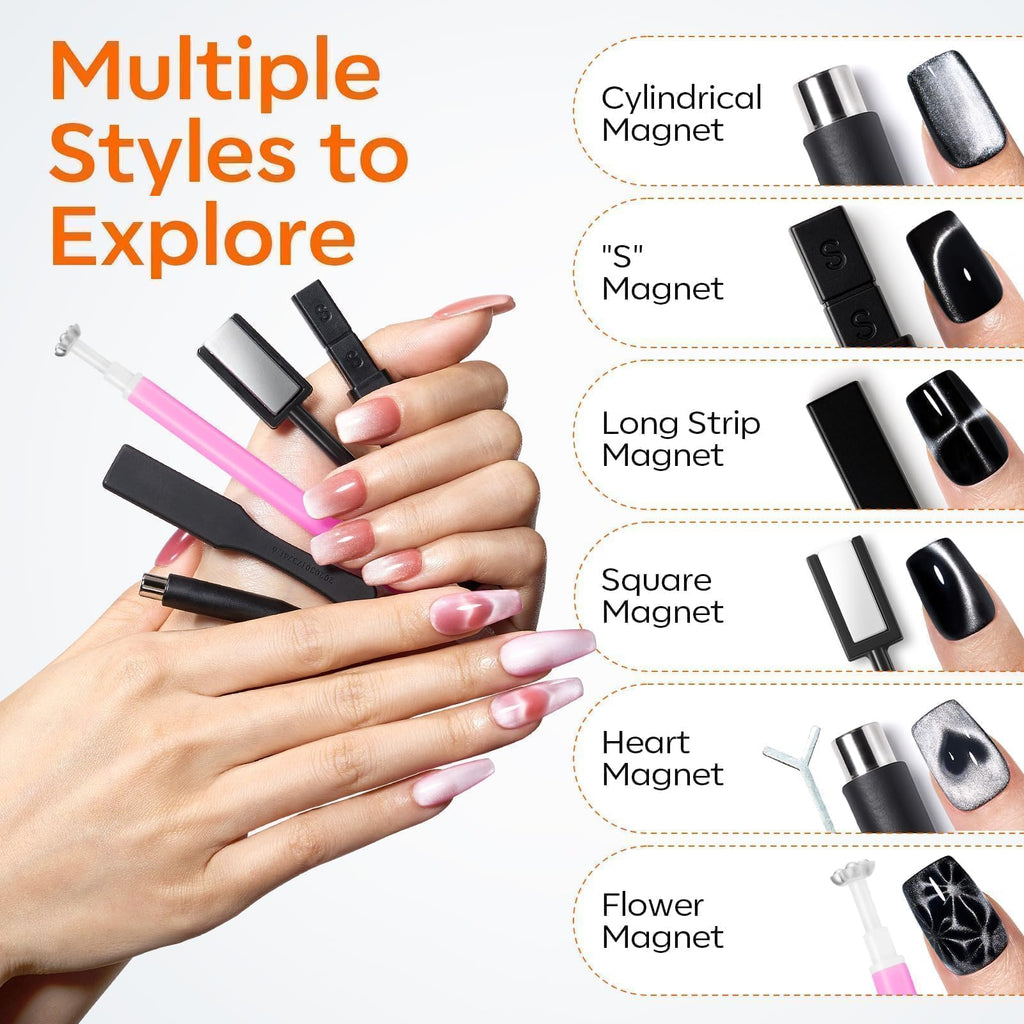 modelones Cat Eye Magnet 15PCS Brown Cat Eye Gel Polish Nail Stuff, Multi-shape Heart Moon Flower Square Effects with Bead-Attracting Nail Art Tool, UV/LED Lamp Required, DIY Halloween Nail Art