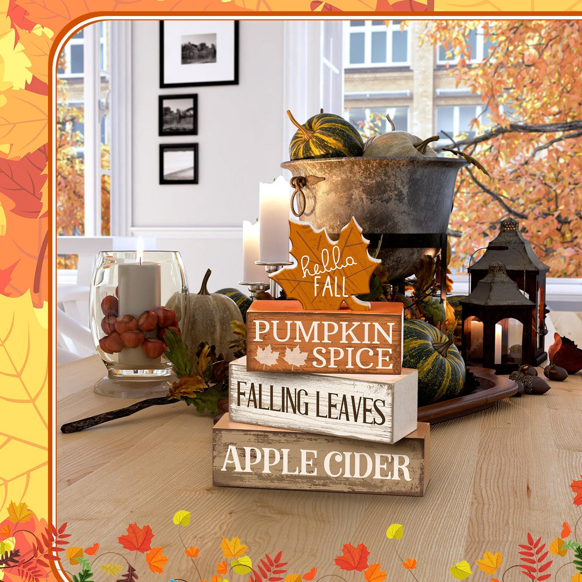 Moucuny 4 Pcs Fall Decor Wooden Maple Leaf Decoration Thanksgiving Decor | Rustic Stackable Blocks with Apple Cider Leaves Sayings,Thanksgiving Table Centerpiece, Farmhouse for Autumn Harvest Party