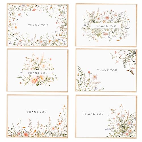 52-pack Floral Thank You Cards Bulk with Kraft Envelopes & Matching Stickers, 3.5x5 Inches, 6 Wildflower Designs | Perfect for Weddings, Baby & Bridal Showers, Graduations & Birthday
