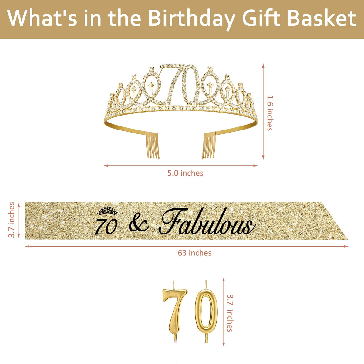 70th Birthday Decorations for Women Gold with Sash and Tiara, Gold Number Candles, 70th Birthday Gifts for Women