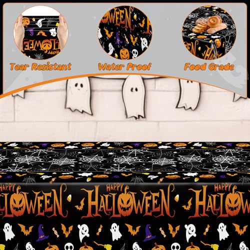 4 Pack Halloween Tablecloth 54 x 108 Inch Pumpkin Spider Web Table Cover | Disposable PE3 Plastic Tablecloth, Waterproof Tablecover for 6-8 Foot Tables, Halloween Pumpkin Decorations Party Tableware