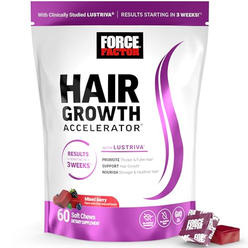 Force Factor Hair Growth Accelerator Soft Chews with Lustriva | Hair Growth Vitamins for Women & Men with Clinically Studied Lustriva & Biotin for Thicker, Fuller Hair, 60 Soft Chews