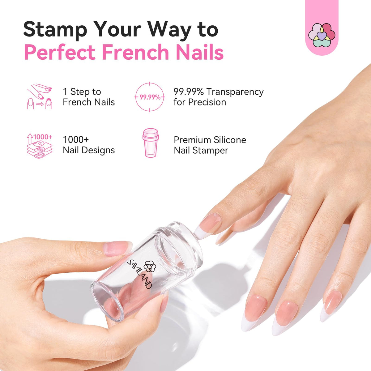 SAVILAND French Tip Tool Silicone Nail Stamper 4PCS | Long & Short Silicone Nail Stamp with Scrapers, Fast Easy French Nails, Nail Stuff for French Manicure Home DIY Salon