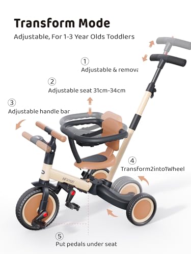 newyoo TR008 5-in-1 Tricycle for Toddlers 1-3, Toddler Bike, Birthday Gift | Toddler Trike with Safety Bar and Parent Push Handle Converts to Balance Bike, Fun Outdoor Toy for Boys and Birls, Khaki