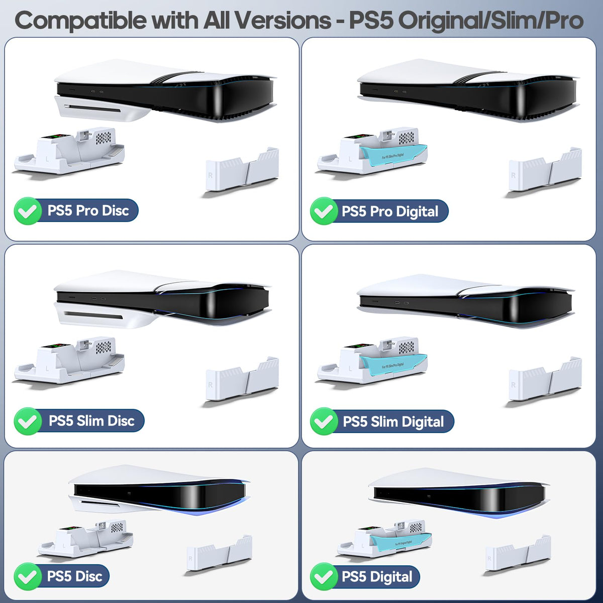 PS5/Slim/Pro Horizontal Stand with Cooling Fan & Charger for Original & Edge Controllers, Scalable Design PS5 Accessories Base with EVA Foams for All PS Five Disc & Digital, PS 5 Sideways Stand White