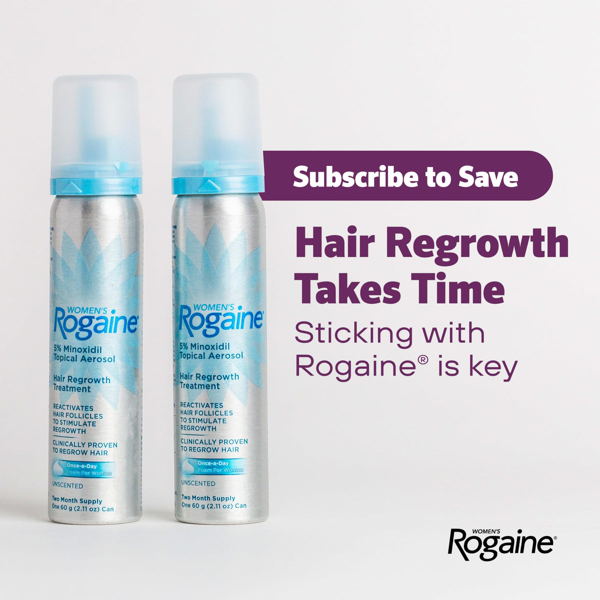 Women's Rogaine 5% Minoxidil Topical Foam, Unscented, 2 x 2.11 oz | Once-a-Day Hair Loss Treatment for Women, Regrow Fuller, Thicker Hair, Unscented, 4-Month Supply