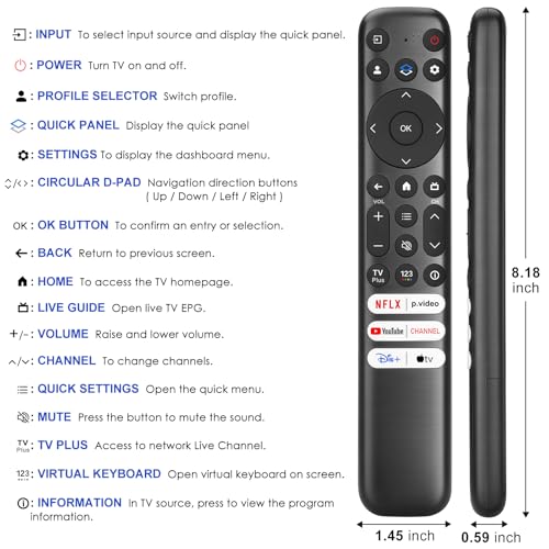 Only for TCL Google TV Remote Control Replacement, Responsive, No Setup | Rugged Durable RC813 Compatible with TCL QM8/QM7/S5/S4/S3/Q7/Q6/Q5 4K UHD HDR LED QLED QD-Mini LED Full-HD Smart TVs
