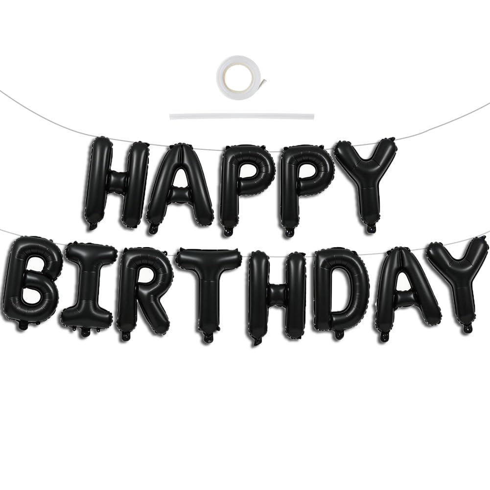 TONIFUL 16 Inch Black Happy Birthday Balloons Banner Decorations for Men | Reusable Foil Letter Birthday Sign Black Birthday Decoration for 16th 30th 50th 60th Boys Adults and Halloween Birthday Party