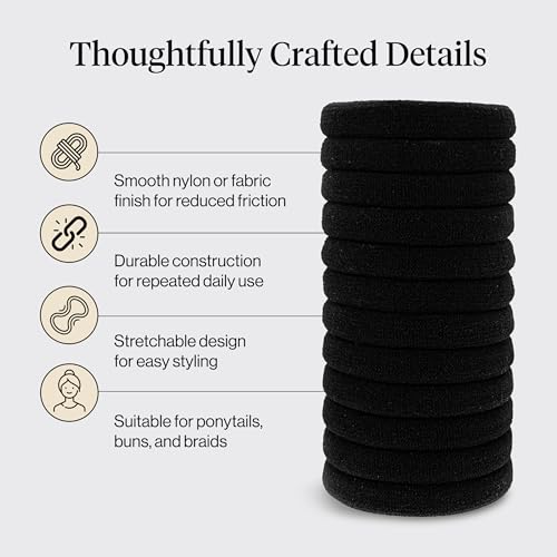 Kitsch Elastic Hair Ties No Damage | Stretchable Hair Bands - Black, 12pcs | Strong All-Day Hold Hair, Rubber Bands For Hair, Ponytail Holders | Hair Accessories for Everyday Use