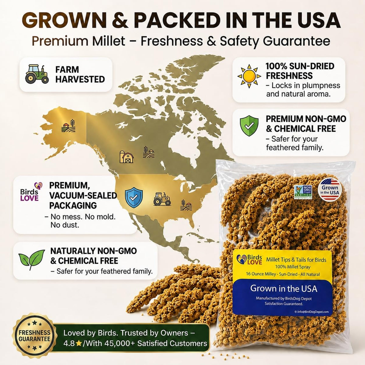 Birds LOVE® Millet Tips & Tails for Birds – Premium Spray Millet Treat, Non-GMO, USA Grown – Natural Bird Food for Parakeets, Cockatiels, Budgies, Lovebirds, Finches, Canaries & Parrots – 1 lb