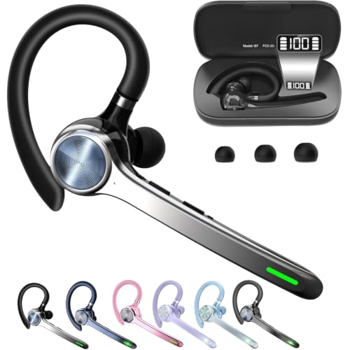 HEIBAS Bluetooth Headset, Wireless Earpiece with Mic for Work | 72H Playtime, 500mAh Charging Case, Hands-Free Calling with Mute Button for Work, Trucker, Office, Driving, iPhone, Black