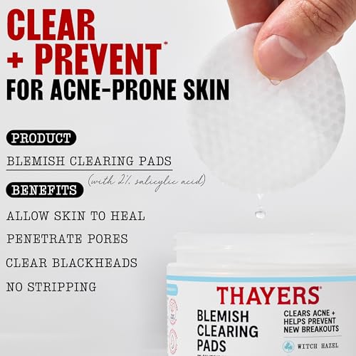 THAYERS Blemish Clearing Acne Pads, Salicylic Acid Acne Treatment, 60 Ct | Pore Reducing, Exfoliating, and Soothing Skincare, Witch Hazel Toner Pads, Help Prevent New Breakouts, Alcohol & Paraben Free