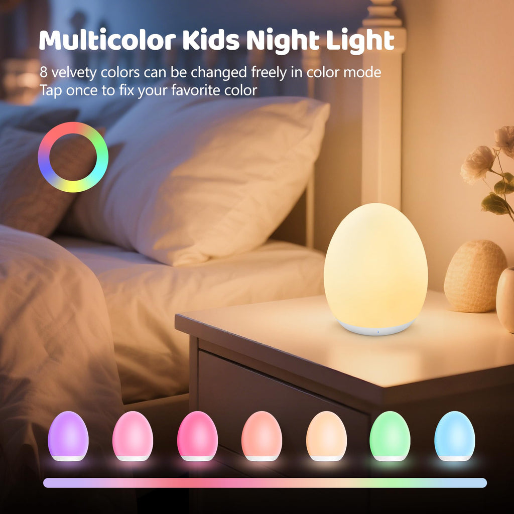 MediAcous Night Light for Kids, 7 Colors Changing Egg Light for Nursery | Stepless Dimming, Soft Silicone Touch Night Lamp with 1 Hour Timer, Rechargeable Nursery Night for Breastfeeding