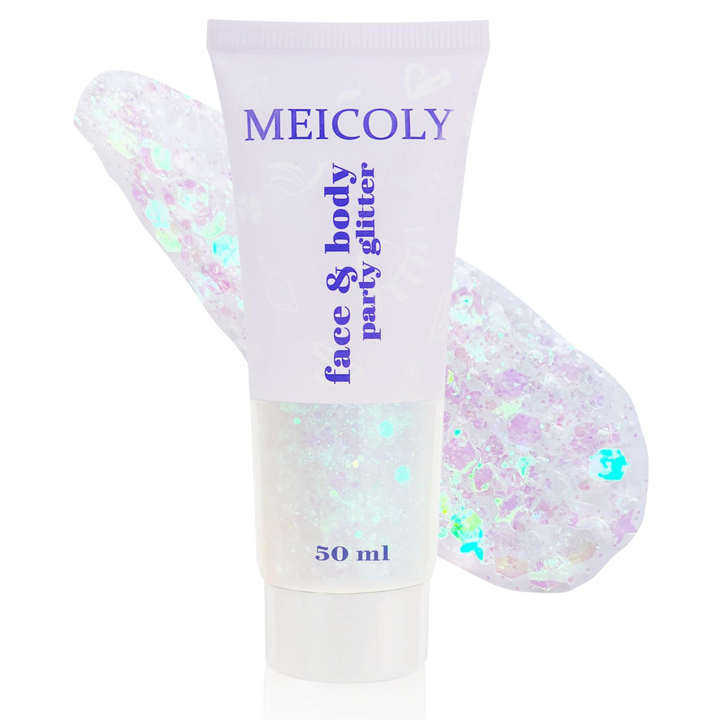 MEICOLY Clear White Face Body Glitter Gel, Halloween Mermaid Fairy Hair Glitter Makeup for Kids Women,Sparkly Party Singer Concerts Glitter Gel,Mardi Gras Rave Running Half Marathon Accessories,50ml