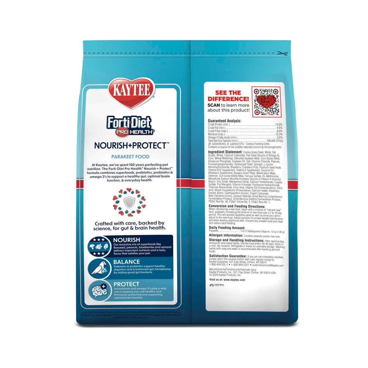 Kaytee Forti-Diet Pro Health Nourish+Protect Parakeet Food, 2 Pounds | Balanced digestion daily. Parakeet seed with superfoods. Prebiotics, probiotics, small bird food