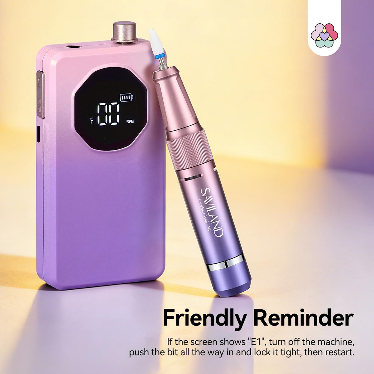 SAVILAND Nail Drill Professional 40000RPM 30S Fast Removal for Acrylic Nail | Low noise running, 4000mAh battery Long-Lasting, Complete drill bit set, Salon&mobile tech use, LCD display, Gradient Purple