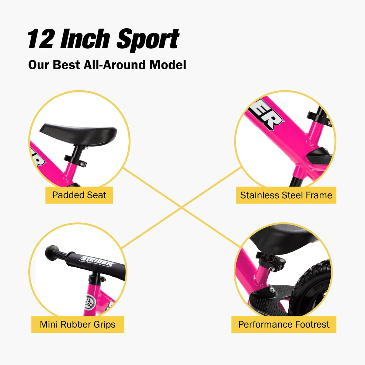 Strider 12 Sport, No Pedal Balance Bike for Kids Ages 1–4 Years, Pink | No-Pedal Balance Bike for Toddlers, Safety Pad, Adjustable Seat and Handlebars Lightweight Frame, Never-Flat Tires