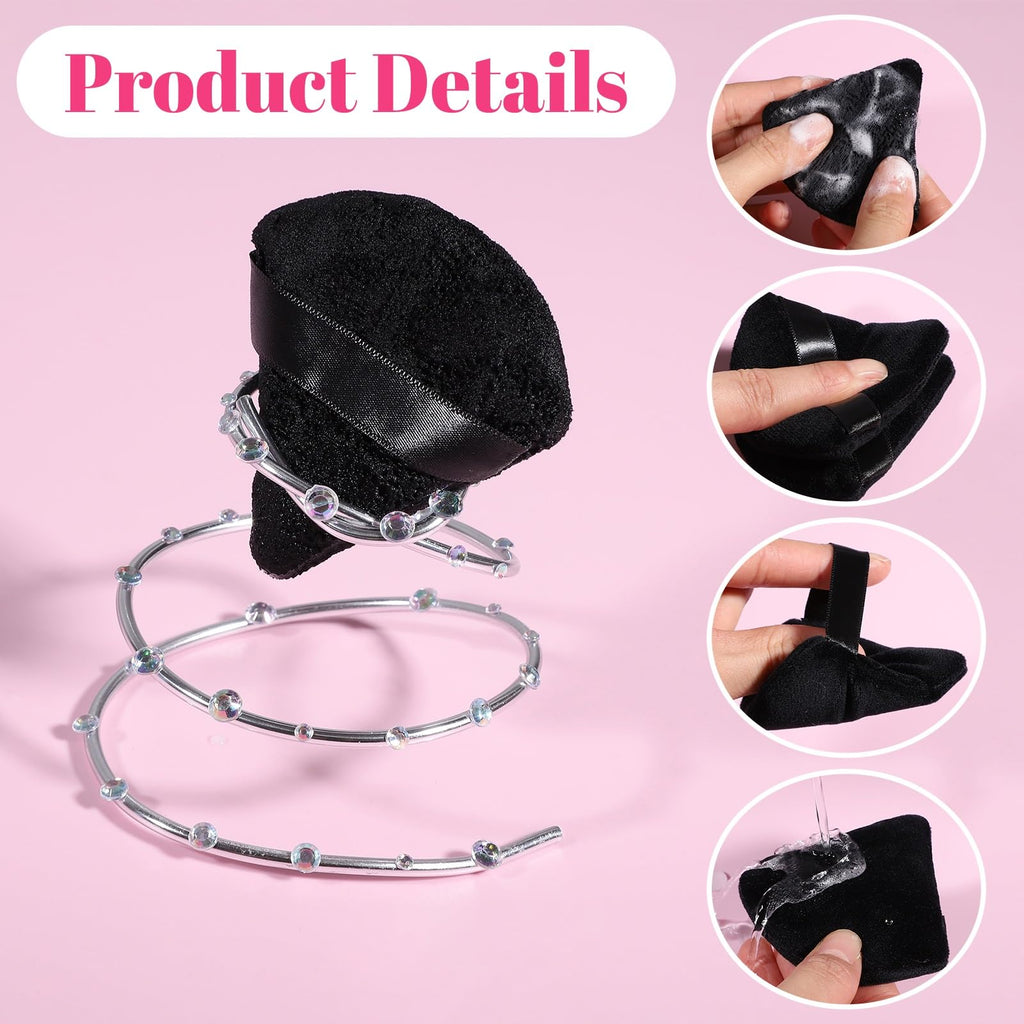 Pimoys Powder Puffs, 6 Pack Triangle Makeup Puff, Black | Soft Velour, Triangle and Round Design, Washable, Finger Strap, for Loose Powder
