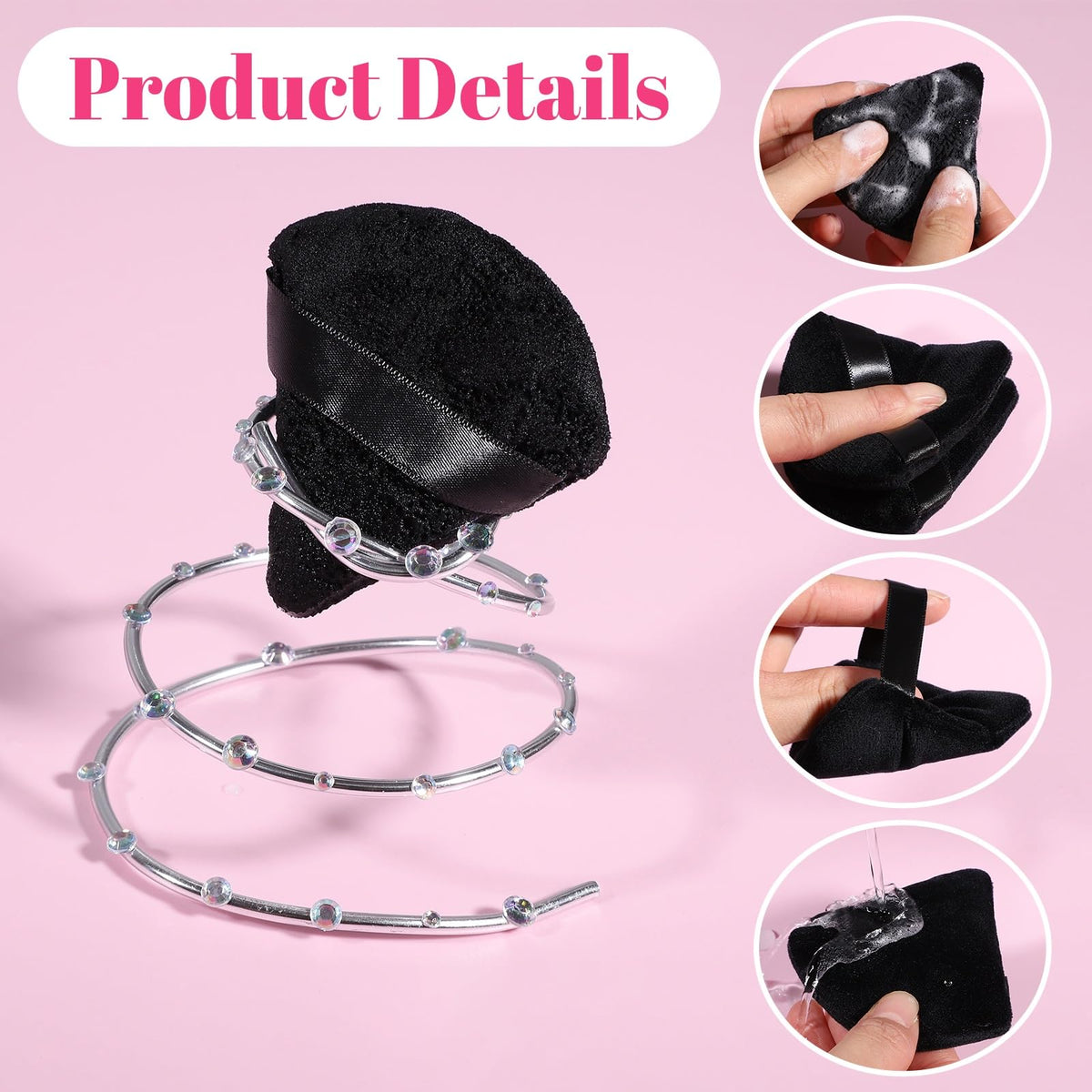 Pimoys Powder Puffs, 6 Pack Triangle Makeup Puff, Black | Soft Velour, Triangle and Round Design, Washable, Finger Strap, for Loose Powder