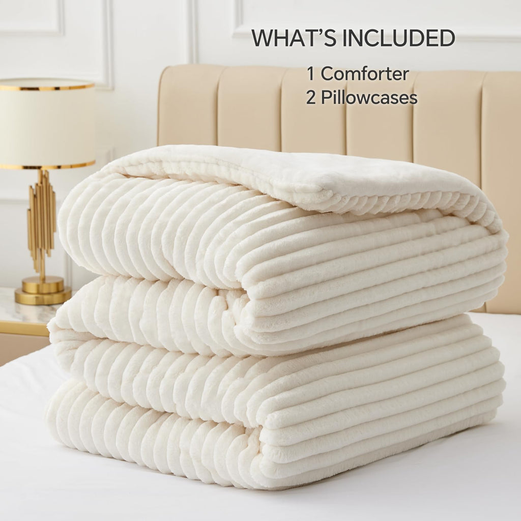 BEDELITE Fleece Queen Comforter Set, Fluffy Bed Set, Cream White | Super Soft & Warm Bedding, Luxury Fuzzy Faux Fur Comforter for Winter, Heavy Plush Bedding, with 2 Pillowcases