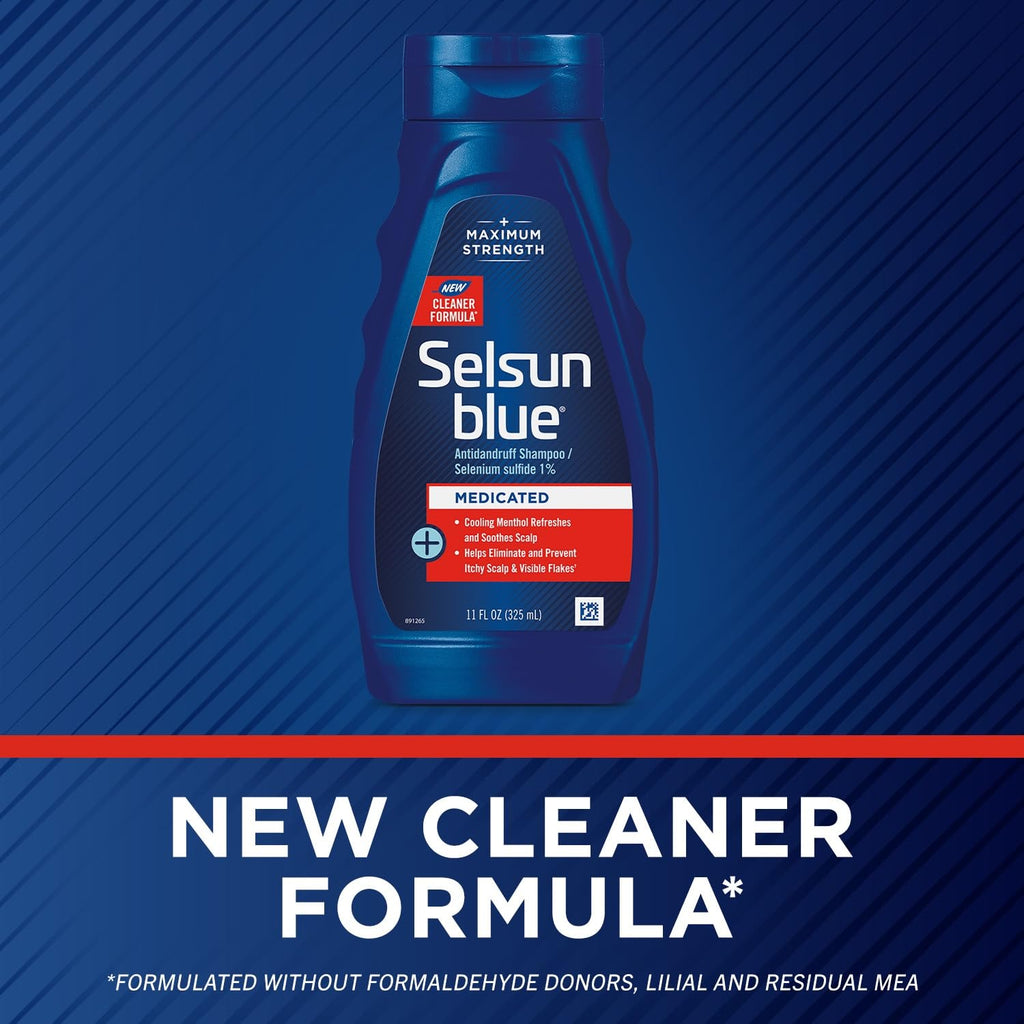 Selsun Blue Medicated Antidandruff Shampoo, 11 fl. oz. | Maximum strength scalp treatment with 1% selenium sulfide, itchy scalp relief, for soft and silky hair