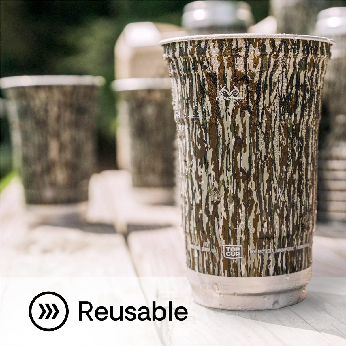 Top Cup Aluminum Party Cups, RealTree Original Camo, 20oz, 20 Count | Made in the USA, Colder, Durable, Reusable, Recycleable, Dishwasher Safe