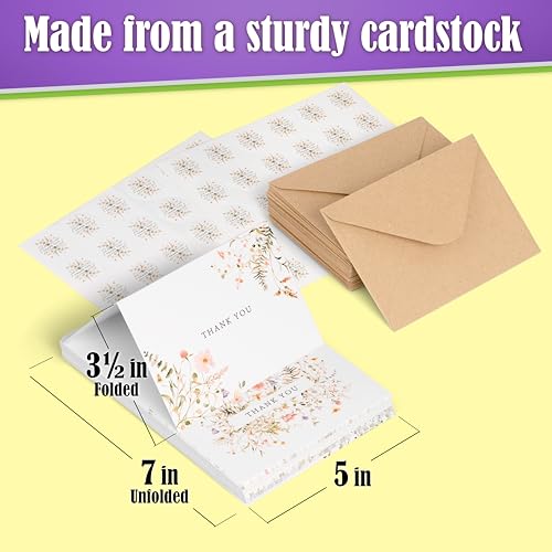 52-pack Floral Thank You Cards Bulk with Kraft Envelopes & Matching Stickers, 3.5x5 Inches, 6 Wildflower Designs | Perfect for Weddings, Baby & Bridal Showers, Graduations & Birthday