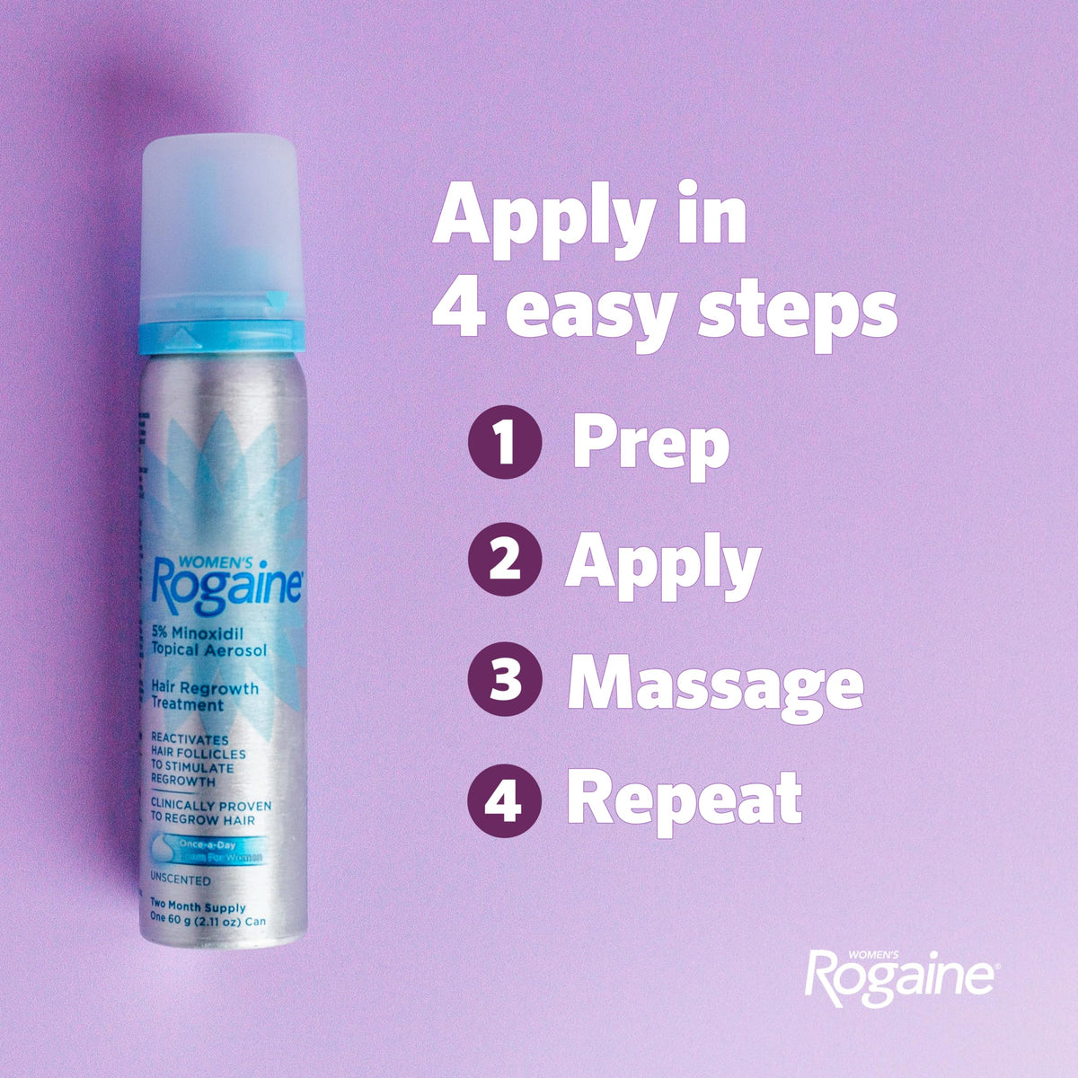 Women's Rogaine 5% Minoxidil Topical Foam, Unscented, 2 x 2.11 oz | Once-a-Day Hair Loss Treatment for Women, Regrow Fuller, Thicker Hair, Unscented, 4-Month Supply