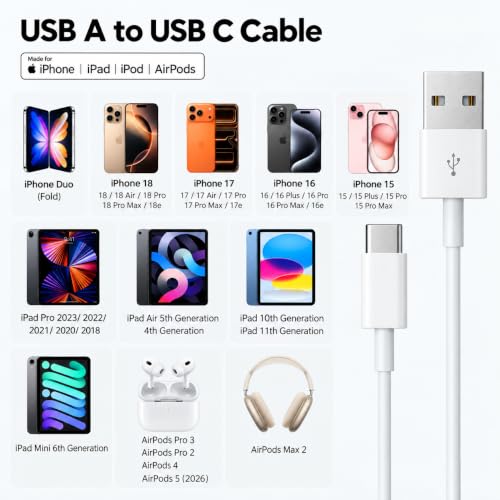 Car Carplay Cable for iPhone 18/17/16/15, USB A to USB C Cable for iPhone Duo(Fold),18/17/16/15 Pro Max,17E/16E/Plus Air, iPad 10th/11 Gen,iPad Pro 12.9,Air 5th/4th Charger Cord,Car Charging Cable